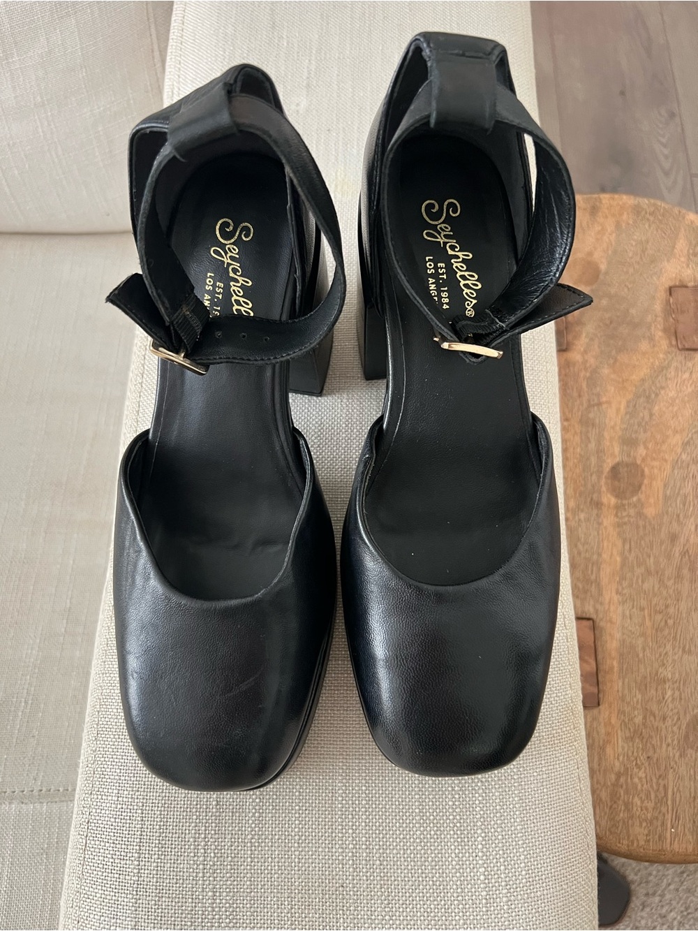 Seychelles Black Leather Square-Toe Ankle-Strap Block Heels